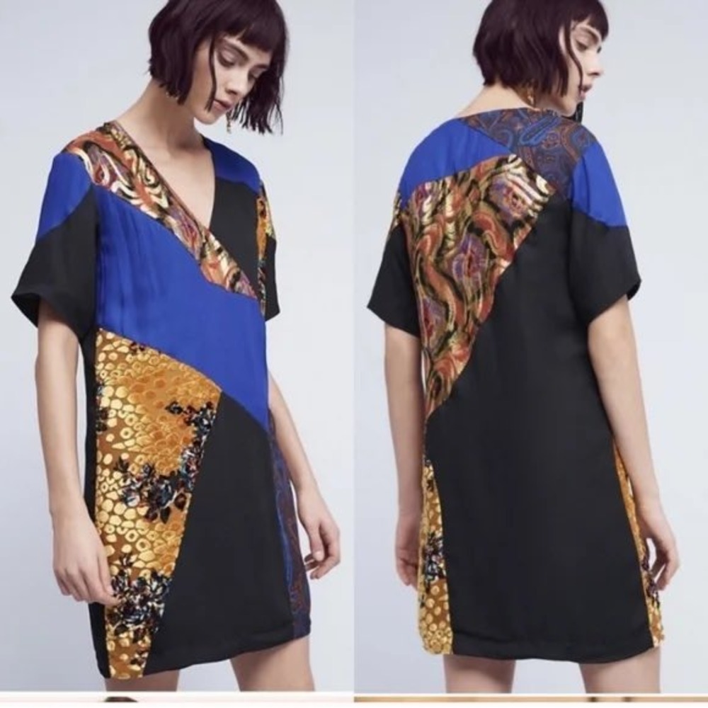 Anthropologie HD in Paris Camellia Patchwork Silk Blend Dress Size 8